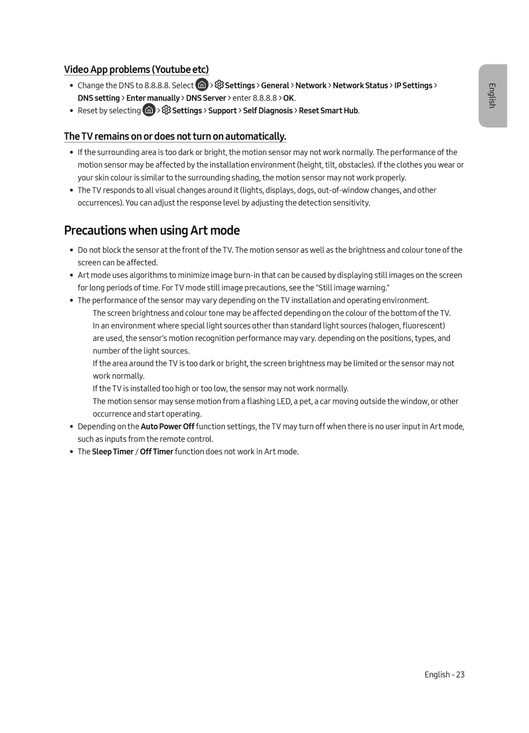 Samsung UE43LS003AUXXU, UE43LS003AUXZG, UE43LS003AUXXC manual Precautions when using Art mode, Video App problems Youtube etc 