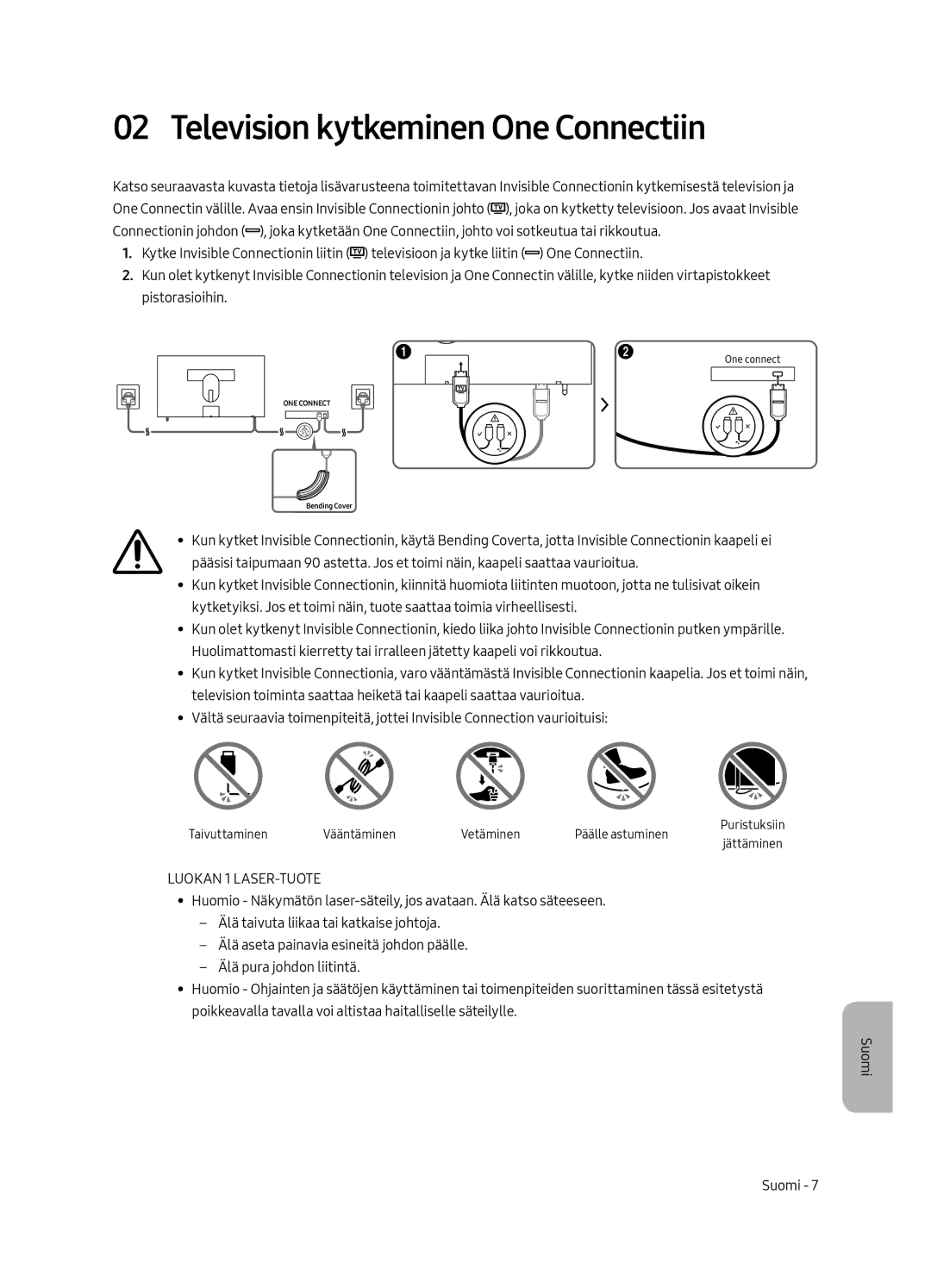 Samsung UE43LS003AUXXU, UE43LS003AUXZG, UE43LS003AUXXC manual Television kytkeminen One Connectiin, Luokan 1 LASER-TUOTE 