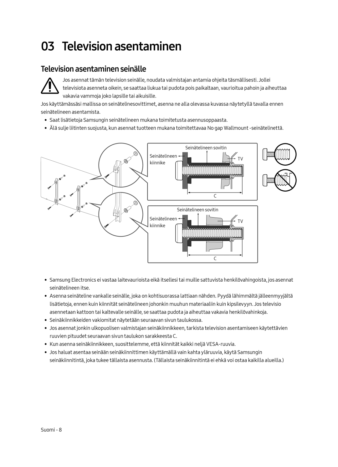 Samsung UE43LS003AUXZG, UE43LS003AUXXC, UE43LS003AUXZT, UE43LS003AUXXU manual Television asentaminen seinälle 