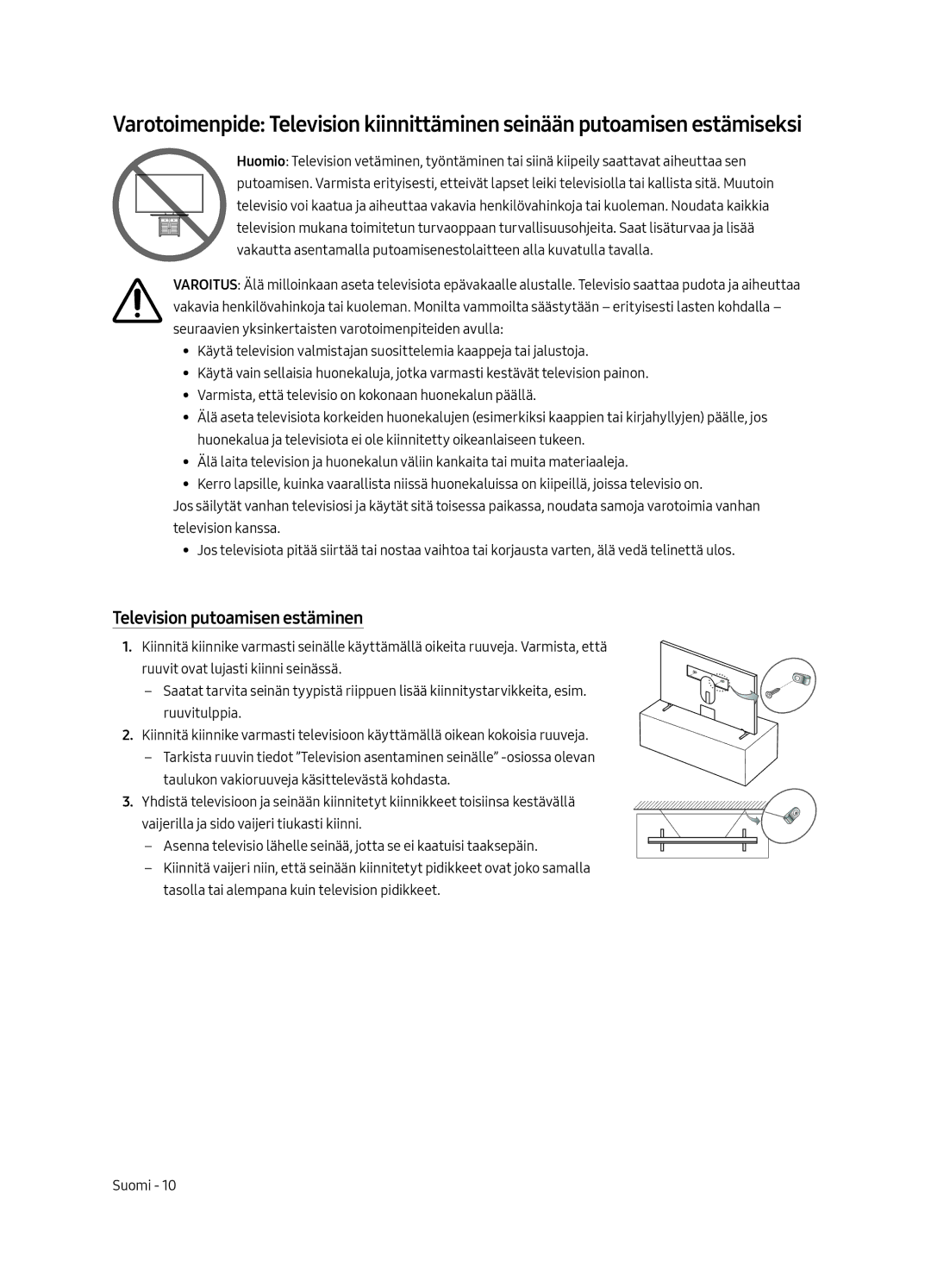 Samsung UE43LS003AUXZT, UE43LS003AUXZG, UE43LS003AUXXC, UE43LS003AUXXU manual Television putoamisen estäminen 