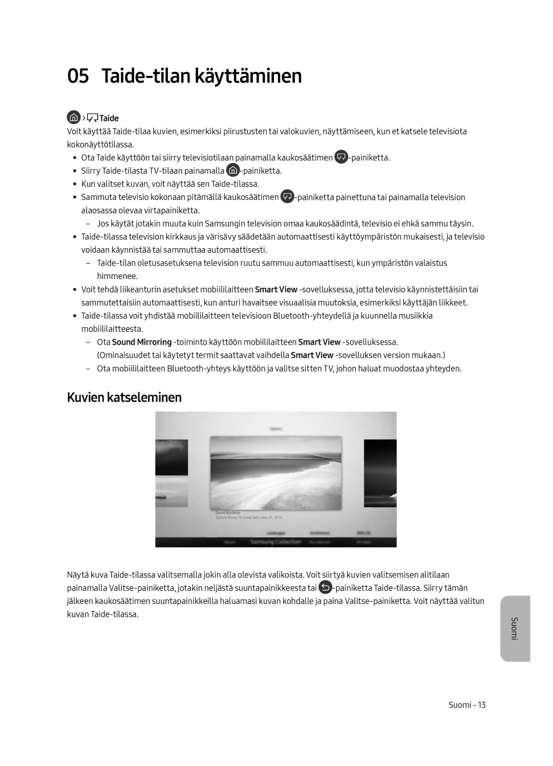 Samsung UE43LS003AUXXC, UE43LS003AUXZG, UE43LS003AUXZT, UE43LS003AUXXU manual Taide-tilan käyttäminen, Kuvien katseleminen 