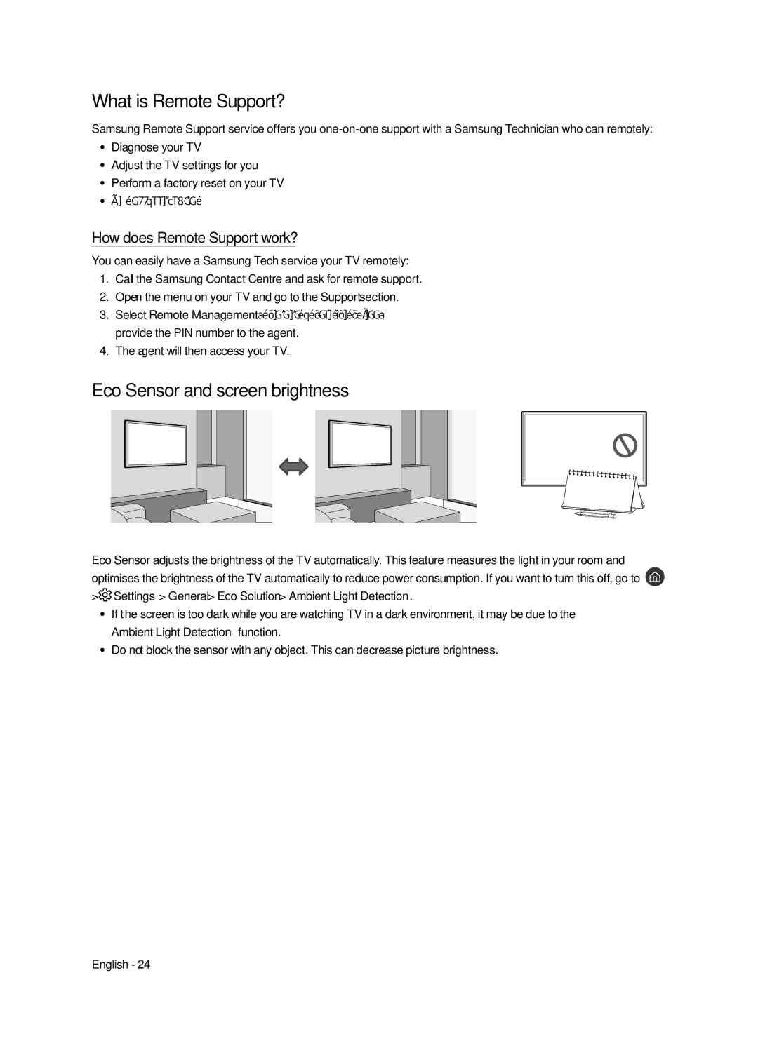 Samsung UE43LS003AUXZG manual What is Remote Support?, Eco Sensor and screen brightness, How does Remote Support work? 