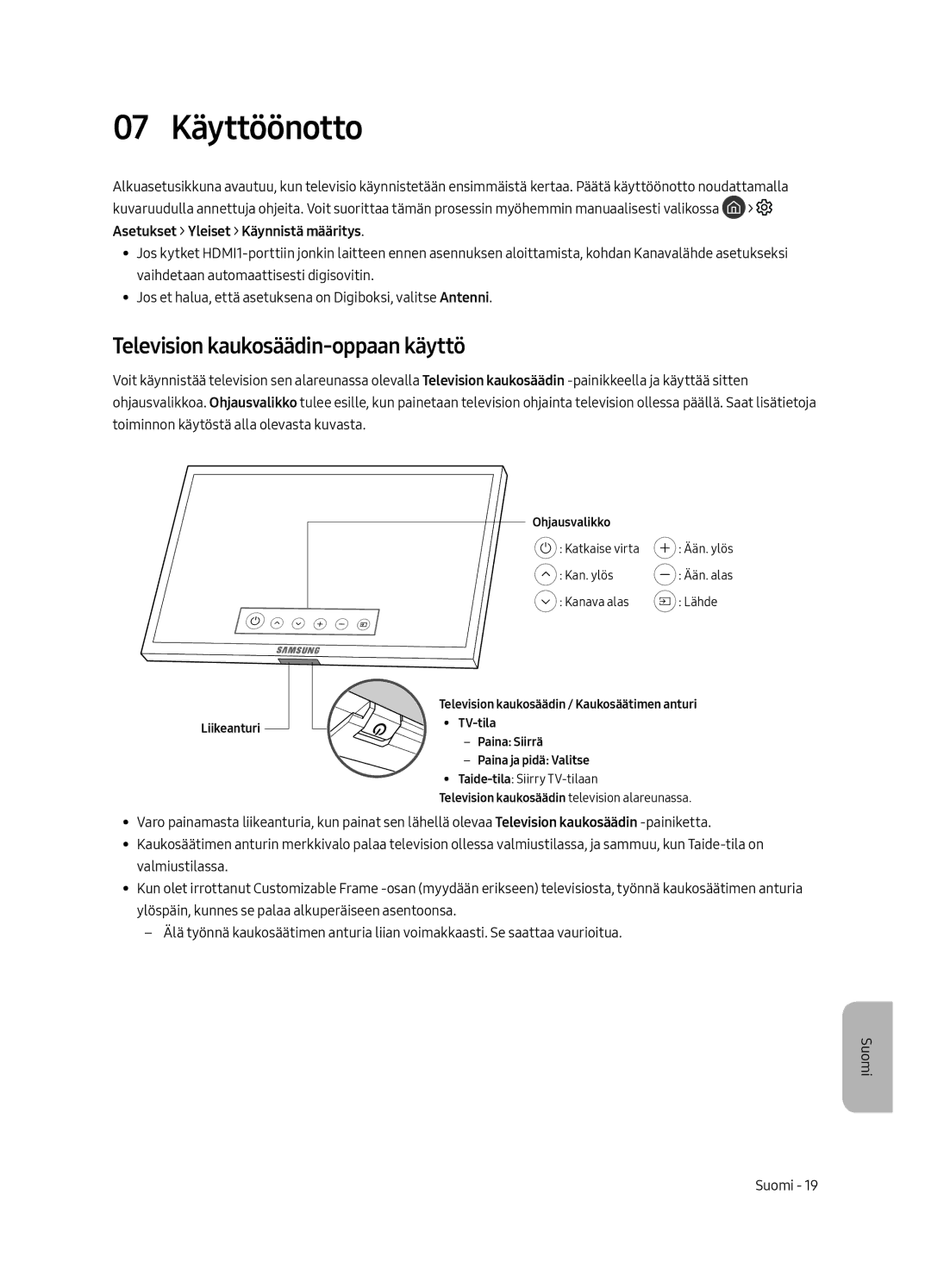 Samsung UE43LS003AUXXU, UE43LS003AUXZG, UE43LS003AUXXC, UE43LS003AUXZT 07 Käyttöönotto, Television kaukosäädin-oppaan käyttö 