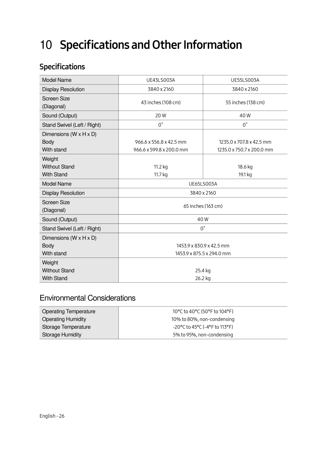 Samsung UE43LS003AUXZT, UE43LS003AUXZG, UE43LS003AUXXC Specifications and Other Information, Environmental Considerations 