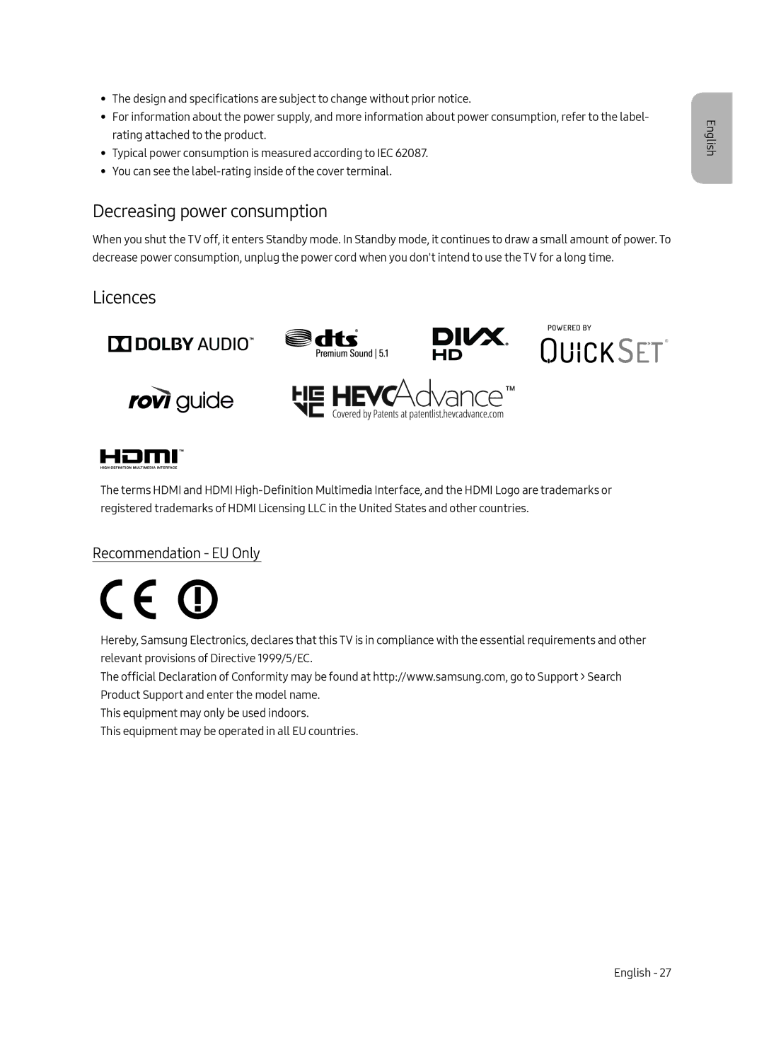 Samsung UE43LS003AUXXU, UE43LS003AUXZG, UE43LS003AUXXC manual Decreasing power consumption, Licences, Recommendation EU Only 