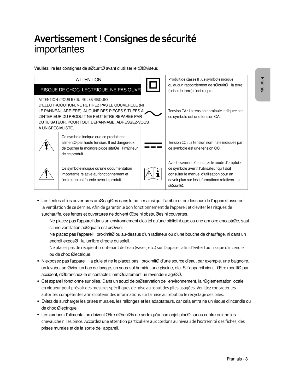 Samsung UE43LS003AUXXU manual Avertissement ! Consignes de sécurité importantes, Risque DE Choc ÉLECTRIQUE. NE PAS Ouvrir 