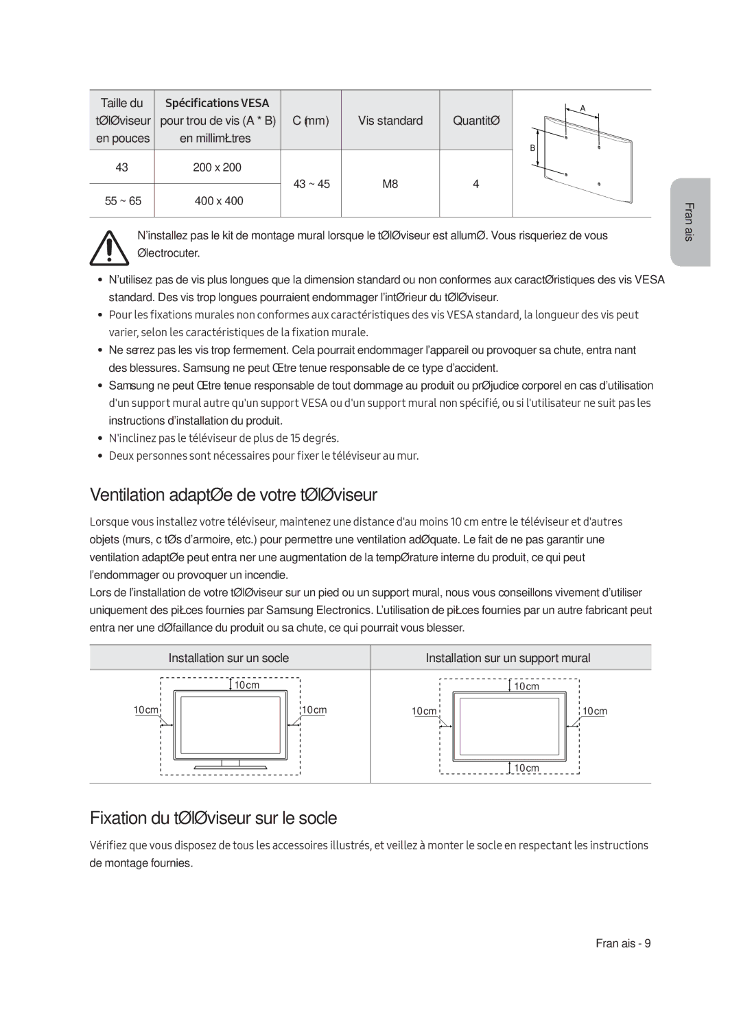 Samsung UE43LS003AUXXC manual Ventilation adaptée de votre téléviseur, Fixation du téléviseur sur le socle, Taille du 