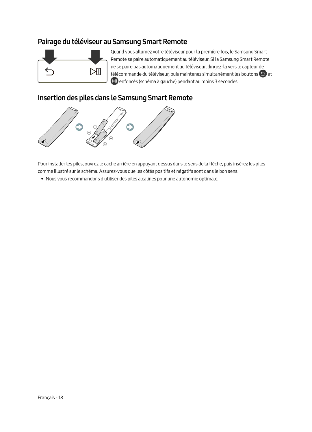 Samsung UE43LS003AUXZT Pairage du téléviseur au Samsung Smart Remote, Insertion des piles dans le Samsung Smart Remote 