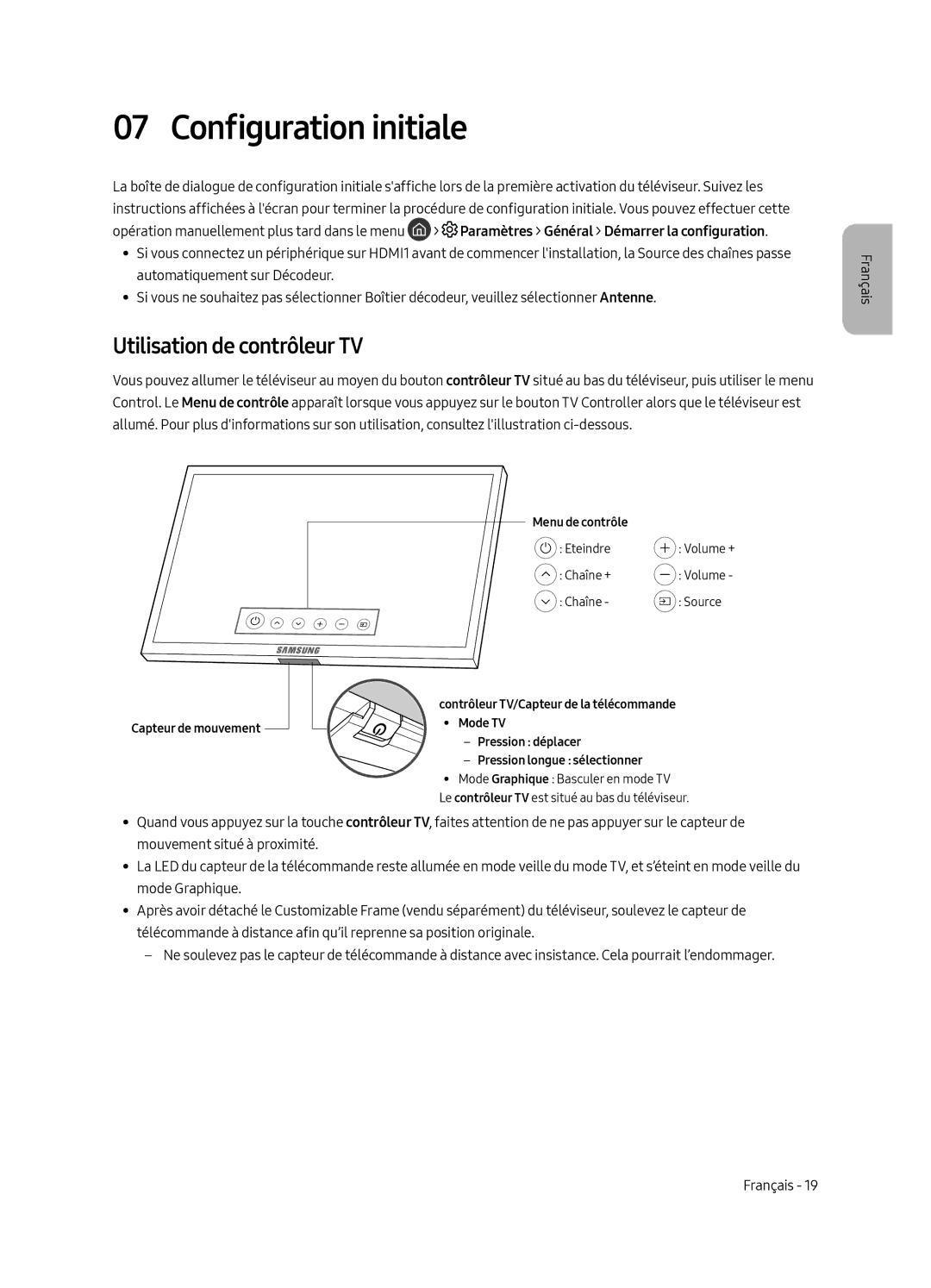 Samsung UE43LS003AUXXU, UE43LS003AUXZG, UE43LS003AUXXC, UE43LS003AUXZT Configuration initiale, Utilisation de contrôleur TV 