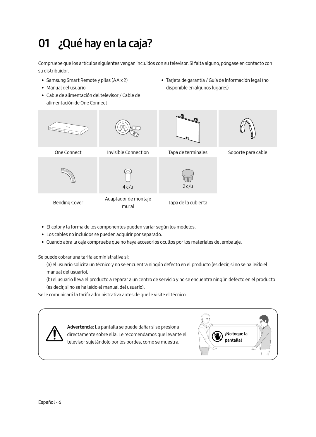 Samsung UE43LS003AUXZT, UE43LS003AUXZG, UE43LS003AUXXC, UE43LS003AUXXU manual 01 ¿Qué hay en la caja? 