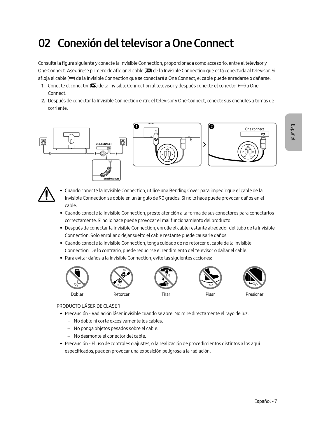 Samsung UE43LS003AUXXU, UE43LS003AUXZG, UE43LS003AUXXC manual Conexión del televisor a One Connect, Producto Láser DE Clase 