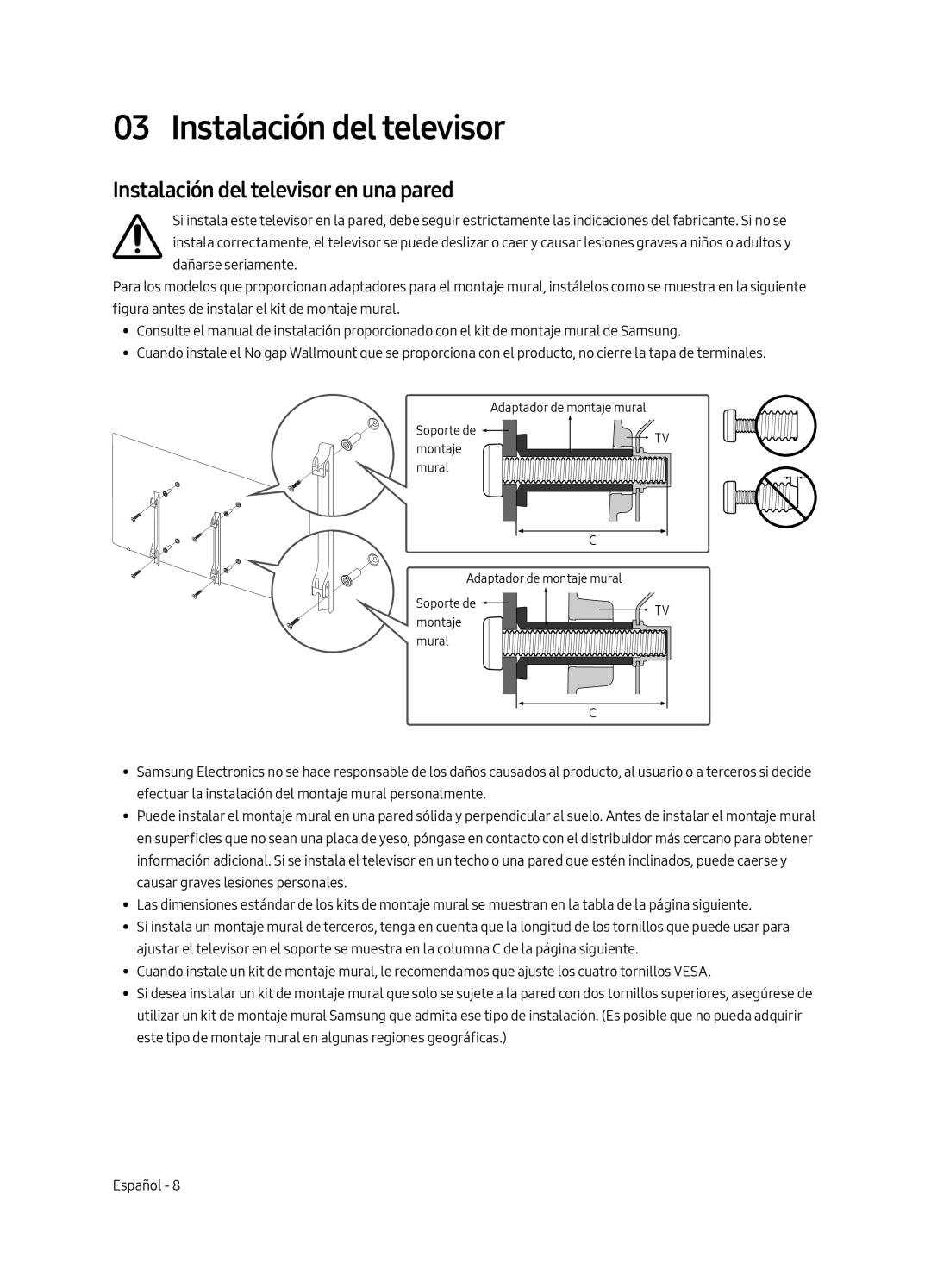 Samsung UE43LS003AUXZG, UE43LS003AUXXC, UE43LS003AUXZT, UE43LS003AUXXU manual Instalación del televisor en una pared 