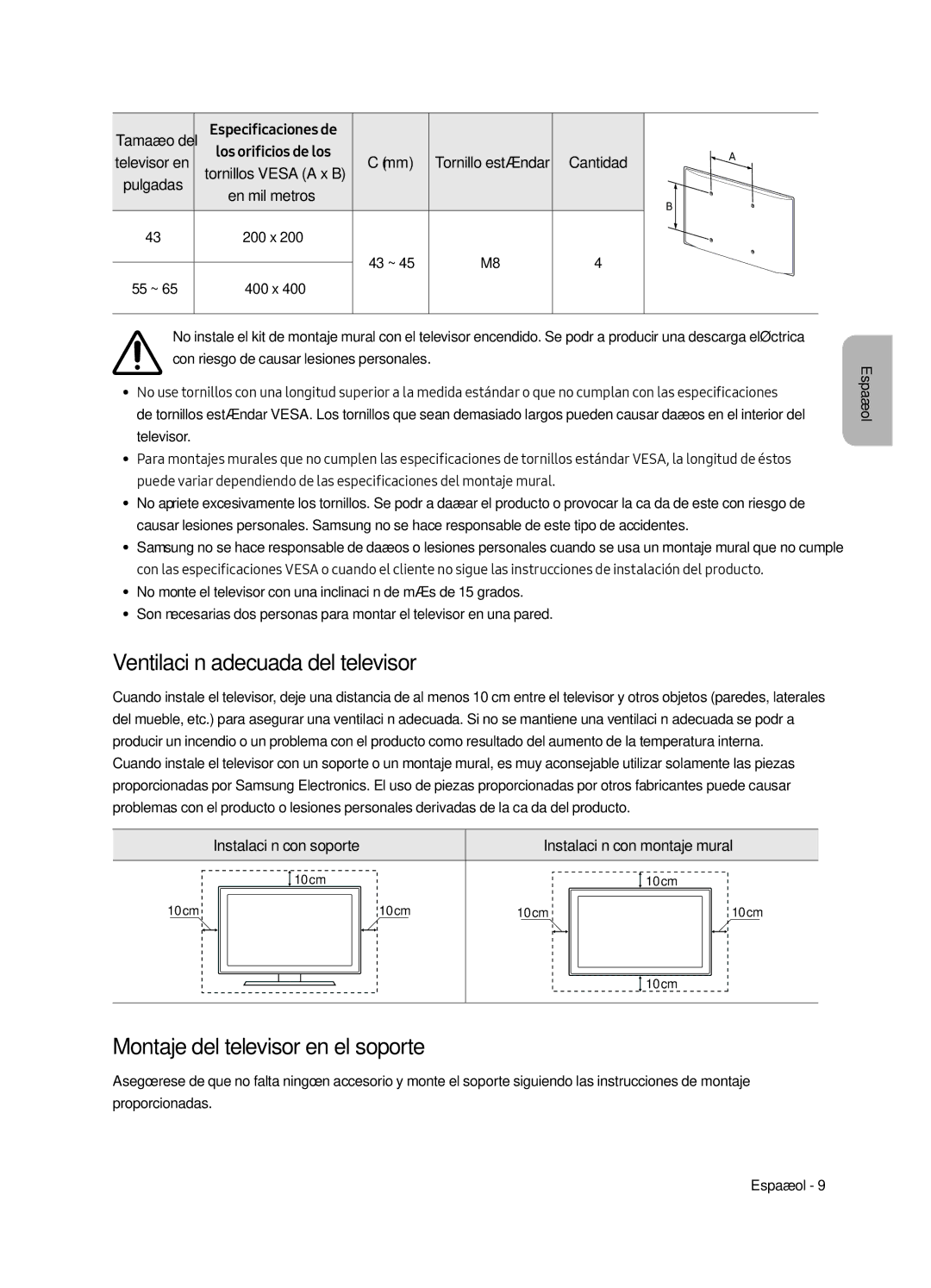 Samsung UE43LS003AUXXC, UE43LS003AUXZG manual Ventilación adecuada del televisor, Montaje del televisor en el soporte 