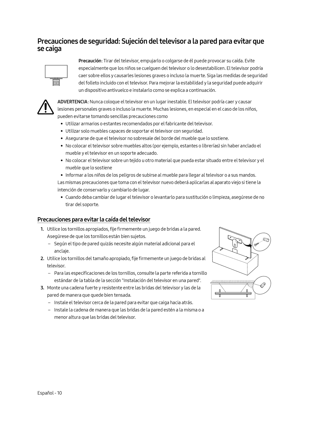 Samsung UE43LS003AUXZT, UE43LS003AUXZG, UE43LS003AUXXC, UE43LS003AUXXU manual Precauciones para evitar la caída del televisor 