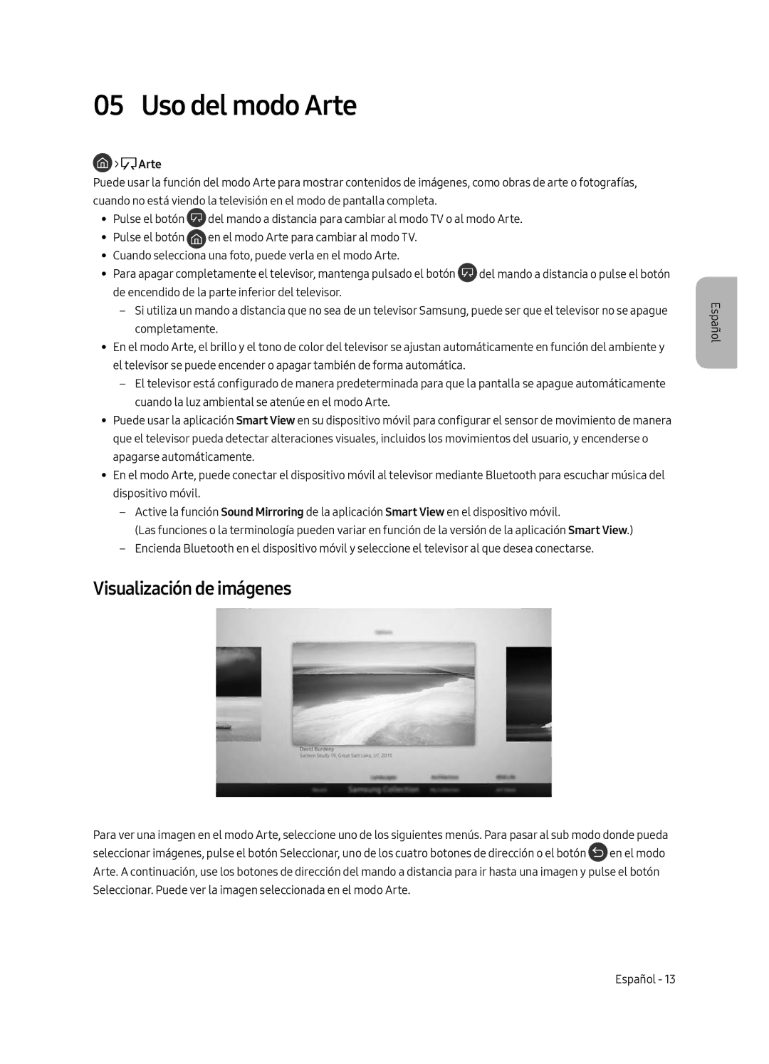 Samsung UE43LS003AUXXC, UE43LS003AUXZG, UE43LS003AUXZT, UE43LS003AUXXU manual Uso del modo Arte, Visualización de imágenes 