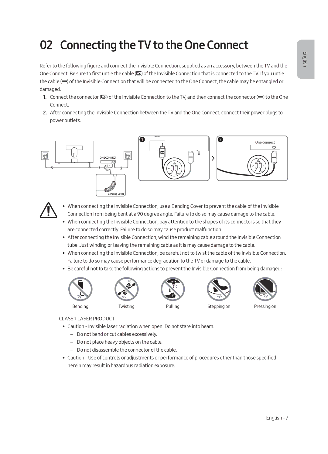 Samsung UE43LS003AUXXU, UE43LS003AUXZG, UE43LS003AUXXC manual Connecting the TV to the One Connect, Class 1 Laser Product 