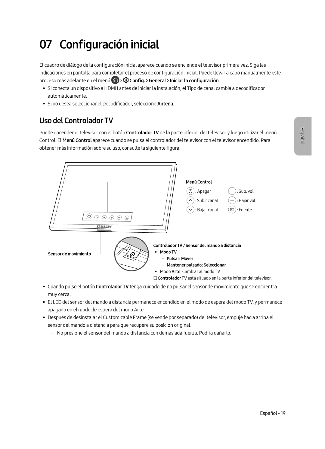 Samsung UE43LS003AUXXU, UE43LS003AUXZG, UE43LS003AUXXC, UE43LS003AUXZT manual Configuración inicial, Uso del Controlador TV 