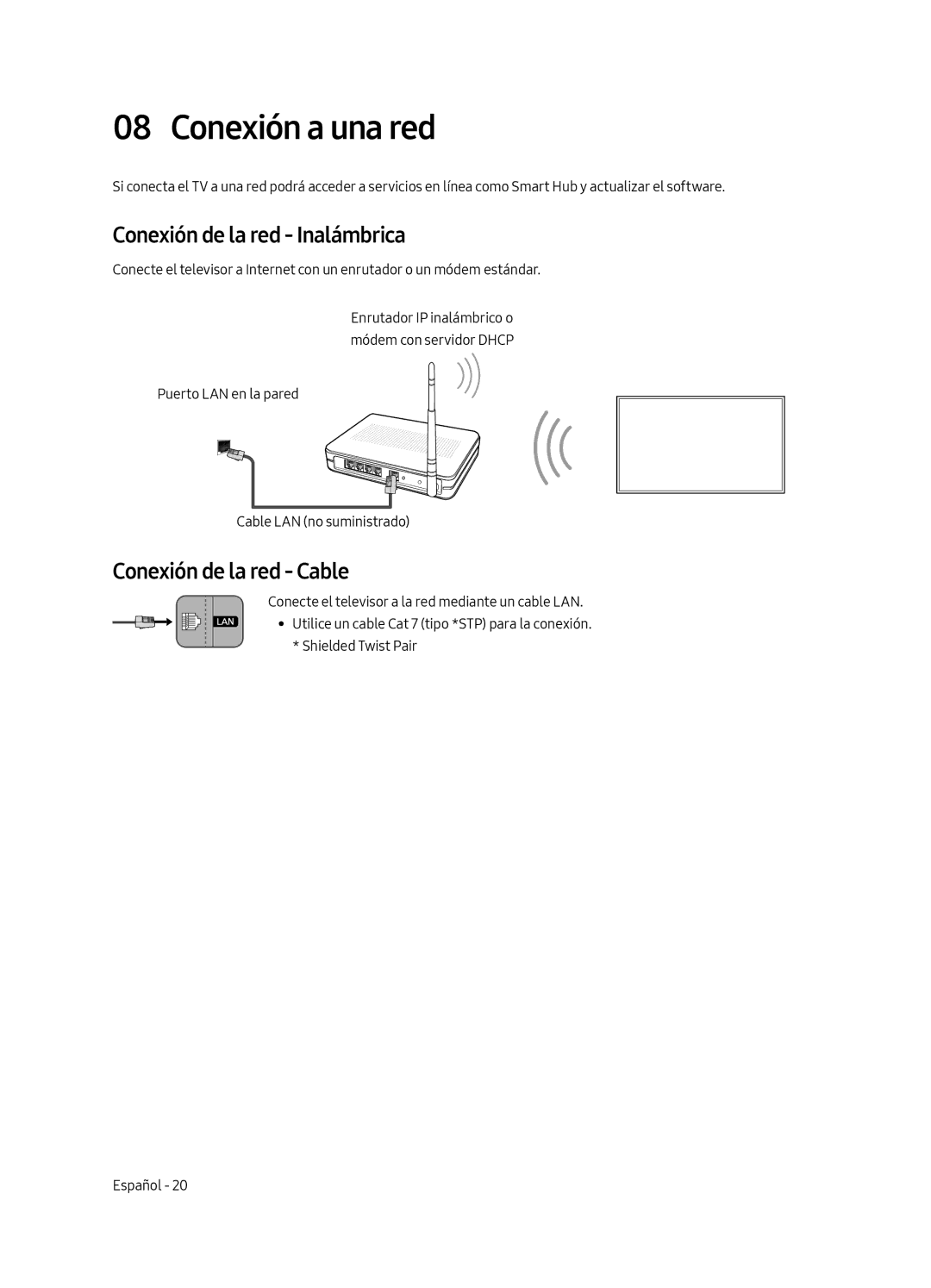 Samsung UE43LS003AUXZG, UE43LS003AUXXC manual Conexión a una red, Conexión de la red Inalámbrica, Conexión de la red Cable 