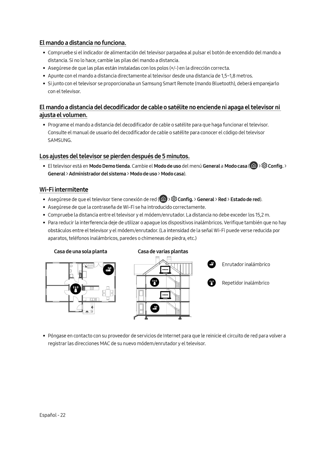 Samsung UE43LS003AUXZT manual El mando a distancia no funciona, Los ajustes del televisor se pierden después de 5 minutos 