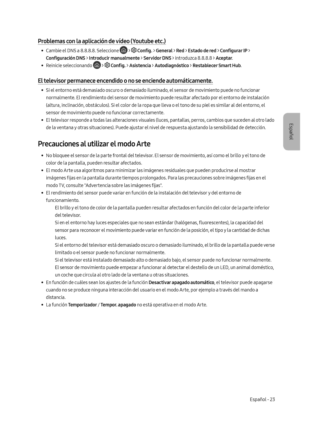 Samsung UE43LS003AUXXU manual Precauciones al utilizar el modo Arte, Problemas con la aplicación de vídeo Youtube etc 