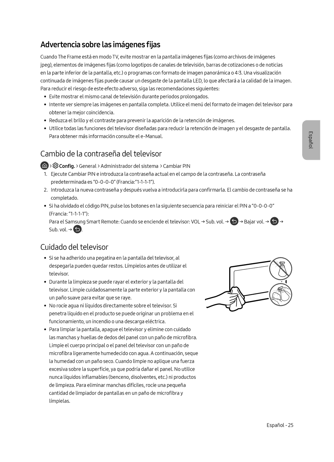 Samsung UE43LS003AUXXC Advertencia sobre las imágenes fijas, Cambio de la contraseña del televisor, Cuidado del televisor 