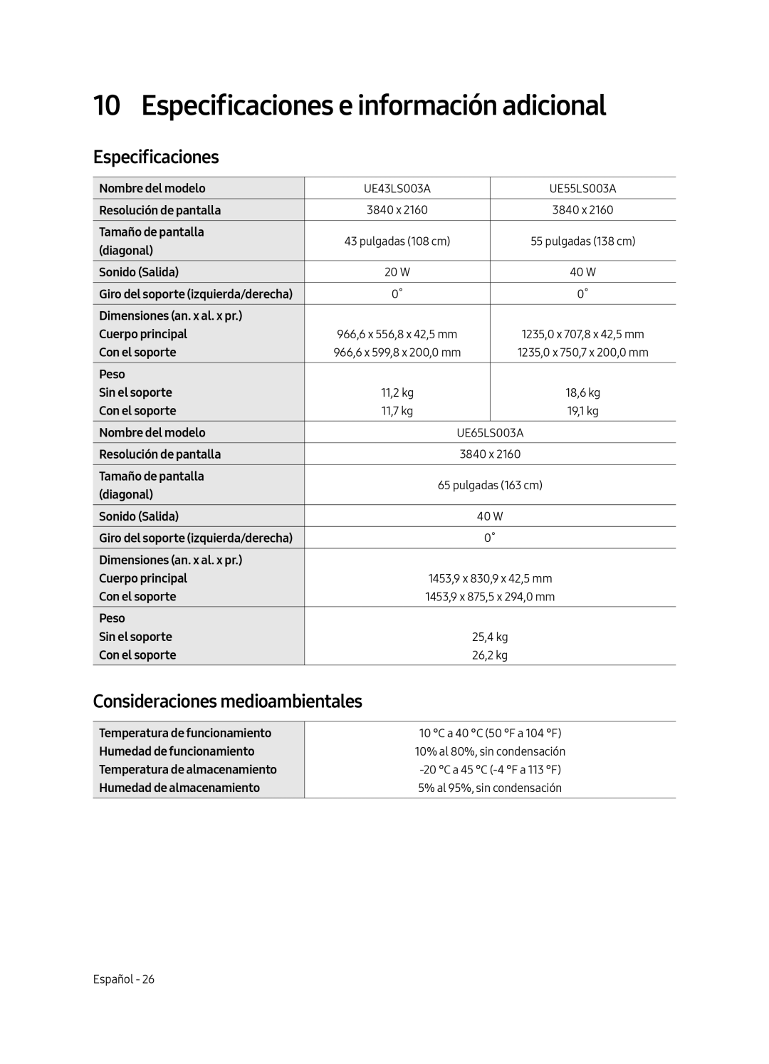 Samsung UE43LS003AUXZT, UE43LS003AUXZG manual Especificaciones e información adicional, Consideraciones medioambientales 