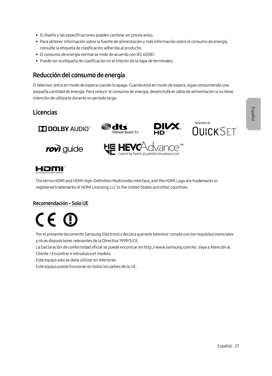 Samsung UE43LS003AUXXU, UE43LS003AUXZG, UE43LS003AUXXC Reducción del consumo de energía, Licencias, Recomendación Solo UE 