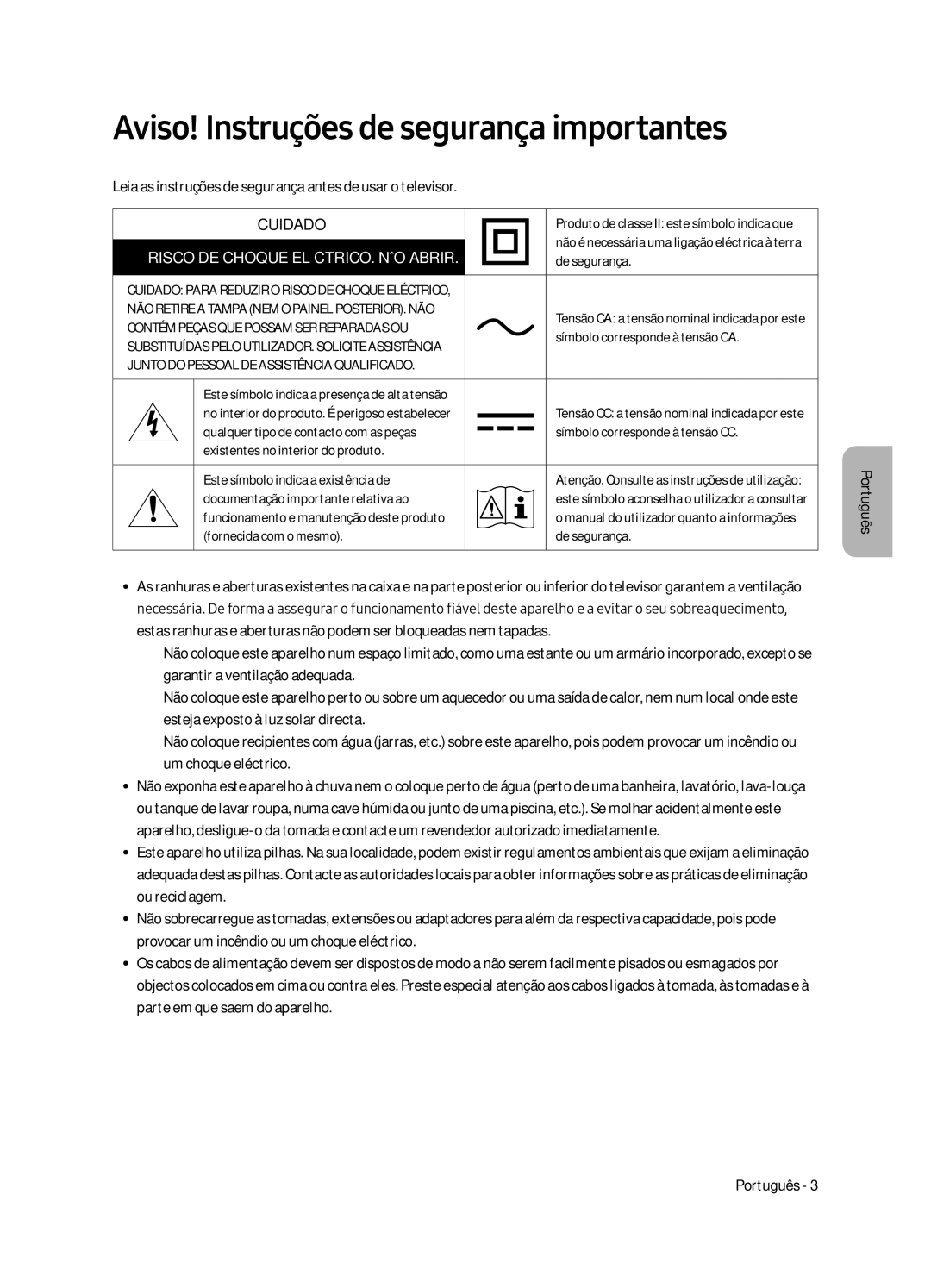 Samsung UE43LS003AUXXU, UE43LS003AUXZG, UE43LS003AUXXC, UE43LS003AUXZT Aviso! Instruções de segurança importantes, Cuidado 