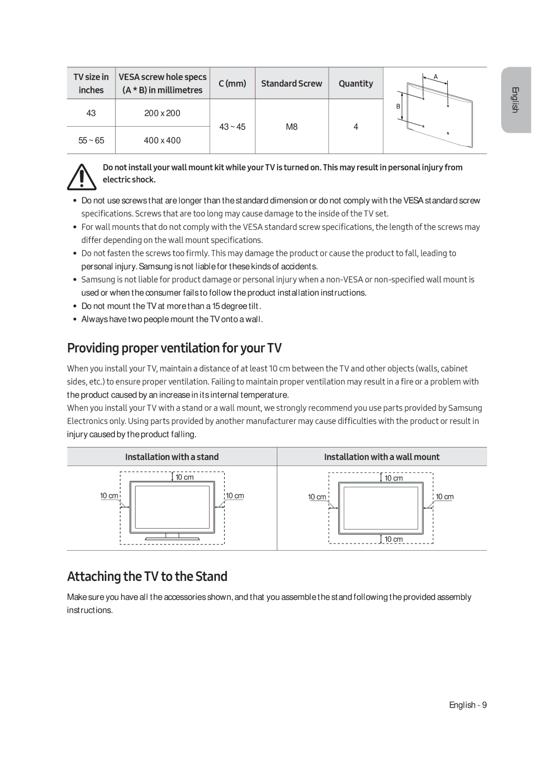 Samsung UE43LS003AUXXC, UE43LS003AUXZG Providing proper ventilation for your TV, Attaching the TV to the Stand, Quantity 