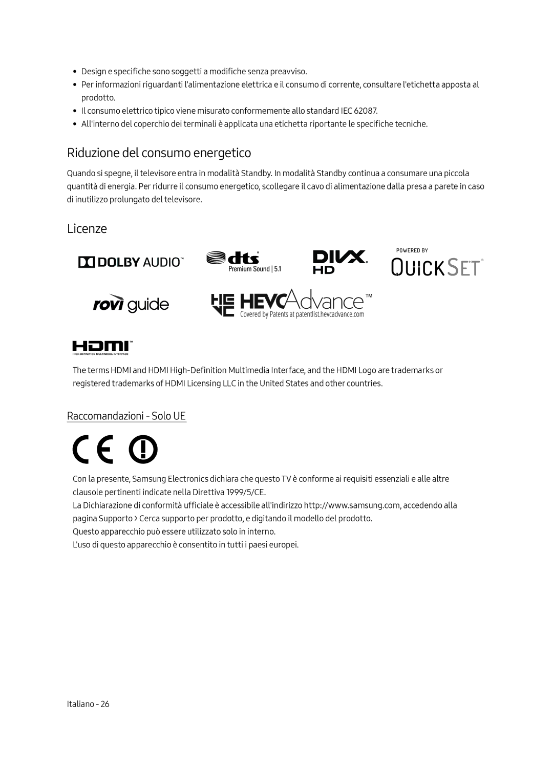 Samsung UE43LS003AUXZG, UE43LS003AUXXC, UE43LS003AUXZT Riduzione del consumo energetico, Licenze, Raccomandazioni Solo UE 