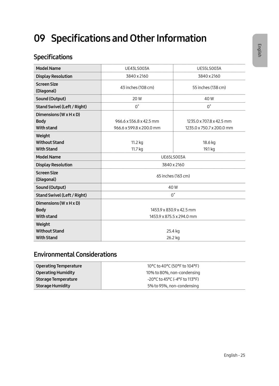 Samsung UE43LS003AUXXC, UE43LS003AUXZG, UE43LS003AUXZT Specifications and Other Information, Environmental Considerations 