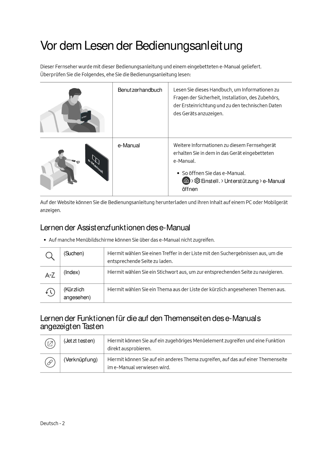 Samsung UE43LS003AUXZG, UE43LS003AUXXC Vor dem Lesen der Bedienungsanleitung, Lernen der Assistenzfunktionen des e-Manual 