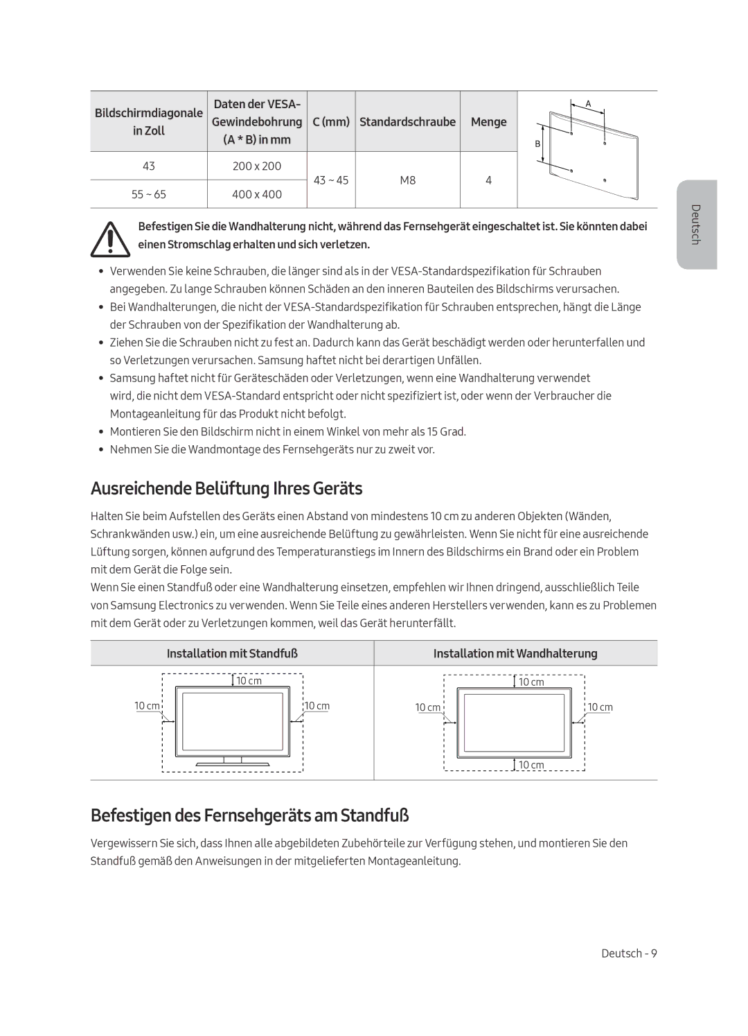 Samsung UE43LS003AUXXU, UE43LS003AUXZG manual Ausreichende Belüftung Ihres Geräts, Befestigen des Fernsehgeräts am Standfuß 