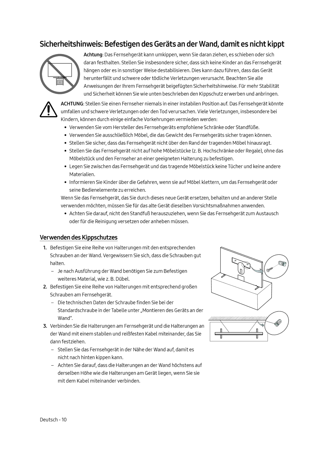 Samsung UE43LS003AUXZG, UE43LS003AUXXC, UE43LS003AUXZT, UE43LS003AUXXU manual Verwenden des Kippschutzes 