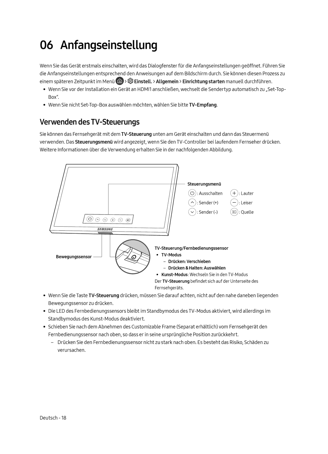 Samsung UE43LS003AUXZG, UE43LS003AUXXC, UE43LS003AUXZT, UE43LS003AUXXU manual Anfangseinstellung, Verwenden des TV-Steuerungs 