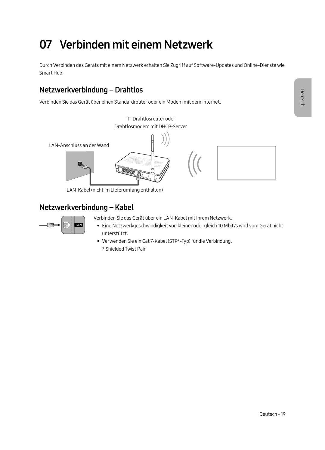 Samsung UE43LS003AUXXC, UE43LS003AUXZG Verbinden mit einem Netzwerk, Netzwerkverbindung Drahtlos, Netzwerkverbindung Kabel 