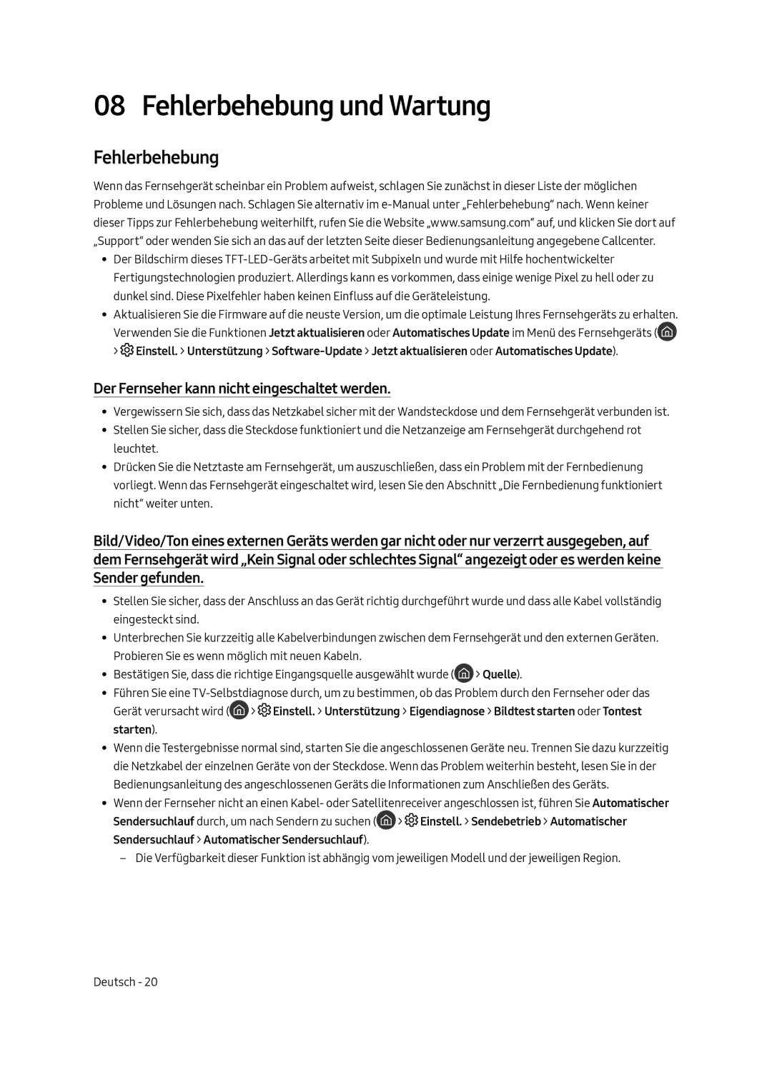 Samsung UE43LS003AUXZT, UE43LS003AUXZG manual Fehlerbehebung und Wartung, Der Fernseher kann nicht eingeschaltet werden 