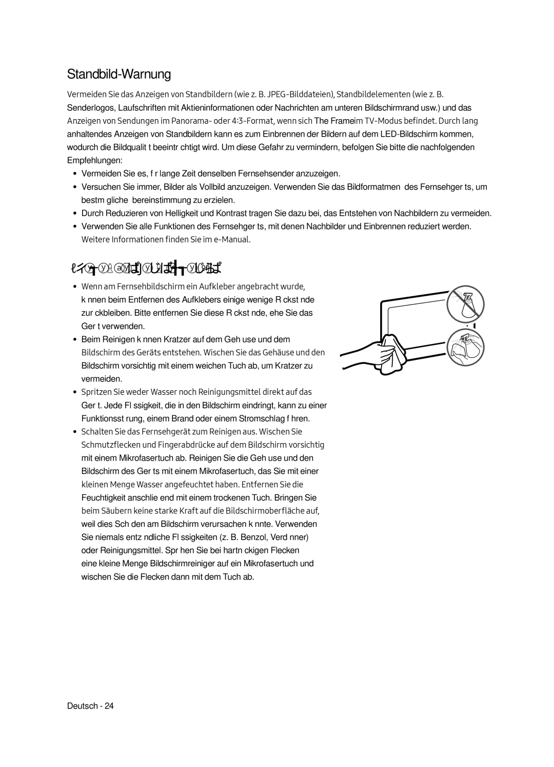 Samsung UE43LS003AUXZT, UE43LS003AUXZG, UE43LS003AUXXC, UE43LS003AUXXU manual Standbild-Warnung, Pflegen des Fernsehgeräts 