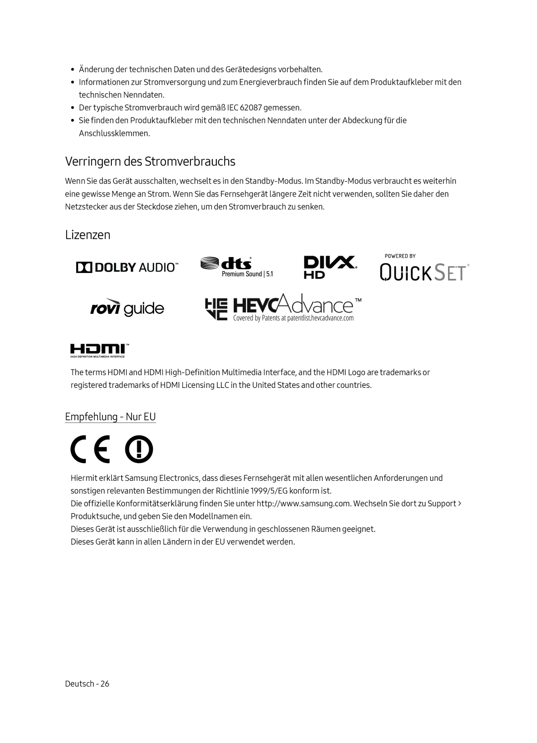 Samsung UE43LS003AUXZG, UE43LS003AUXXC, UE43LS003AUXZT manual Verringern des Stromverbrauchs, Lizenzen, Empfehlung Nur EU 