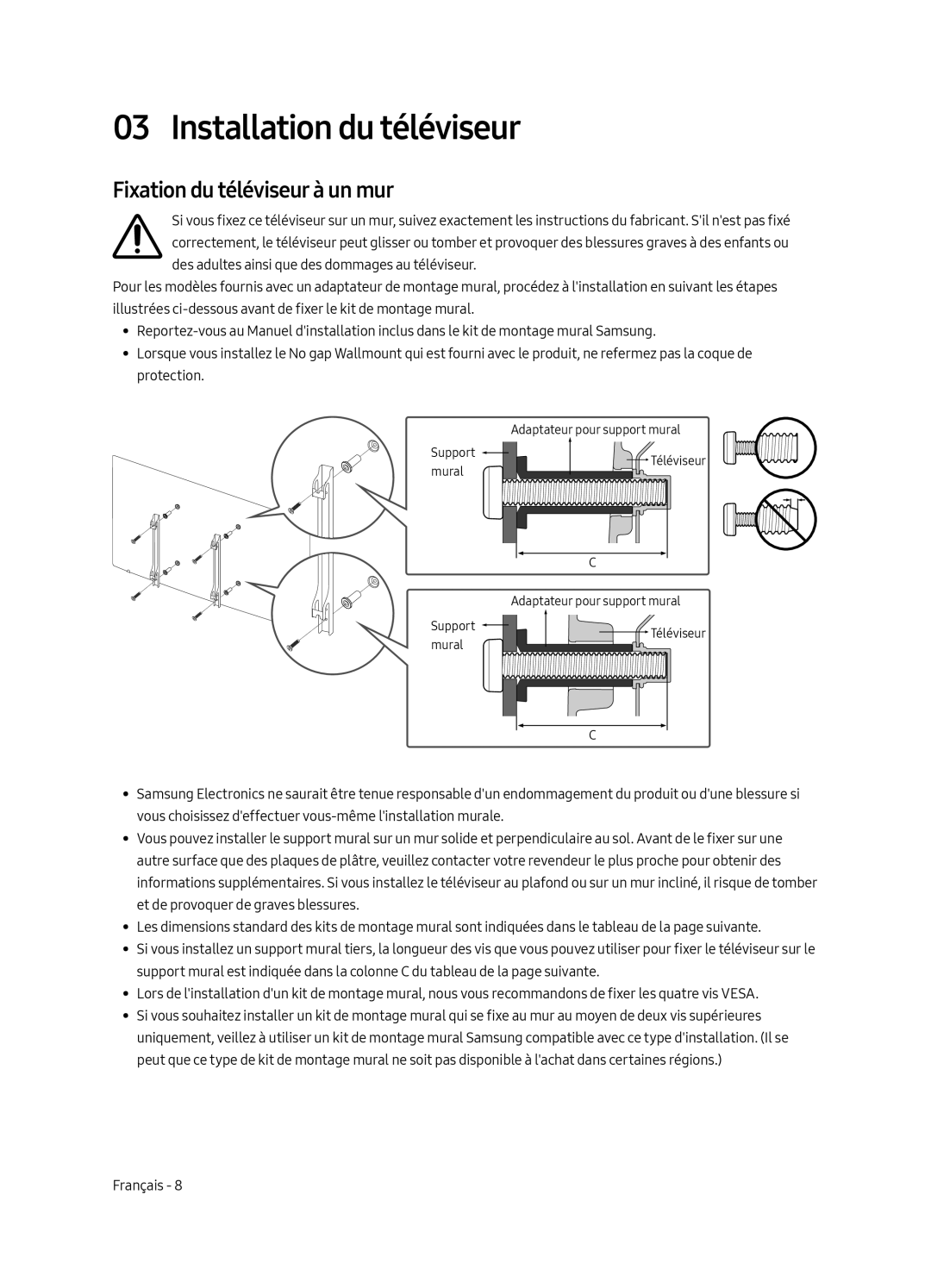 Samsung UE43LS003AUXZG, UE43LS003AUXXC, UE43LS003AUXZT manual Installation du téléviseur, Fixation du téléviseur à un mur 