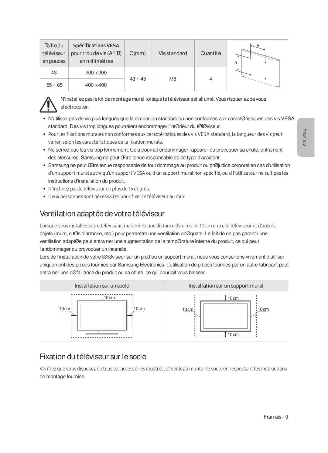 Samsung UE43LS003AUXXC manual Ventilation adaptée de votre téléviseur, Fixation du téléviseur sur le socle, Taille du 