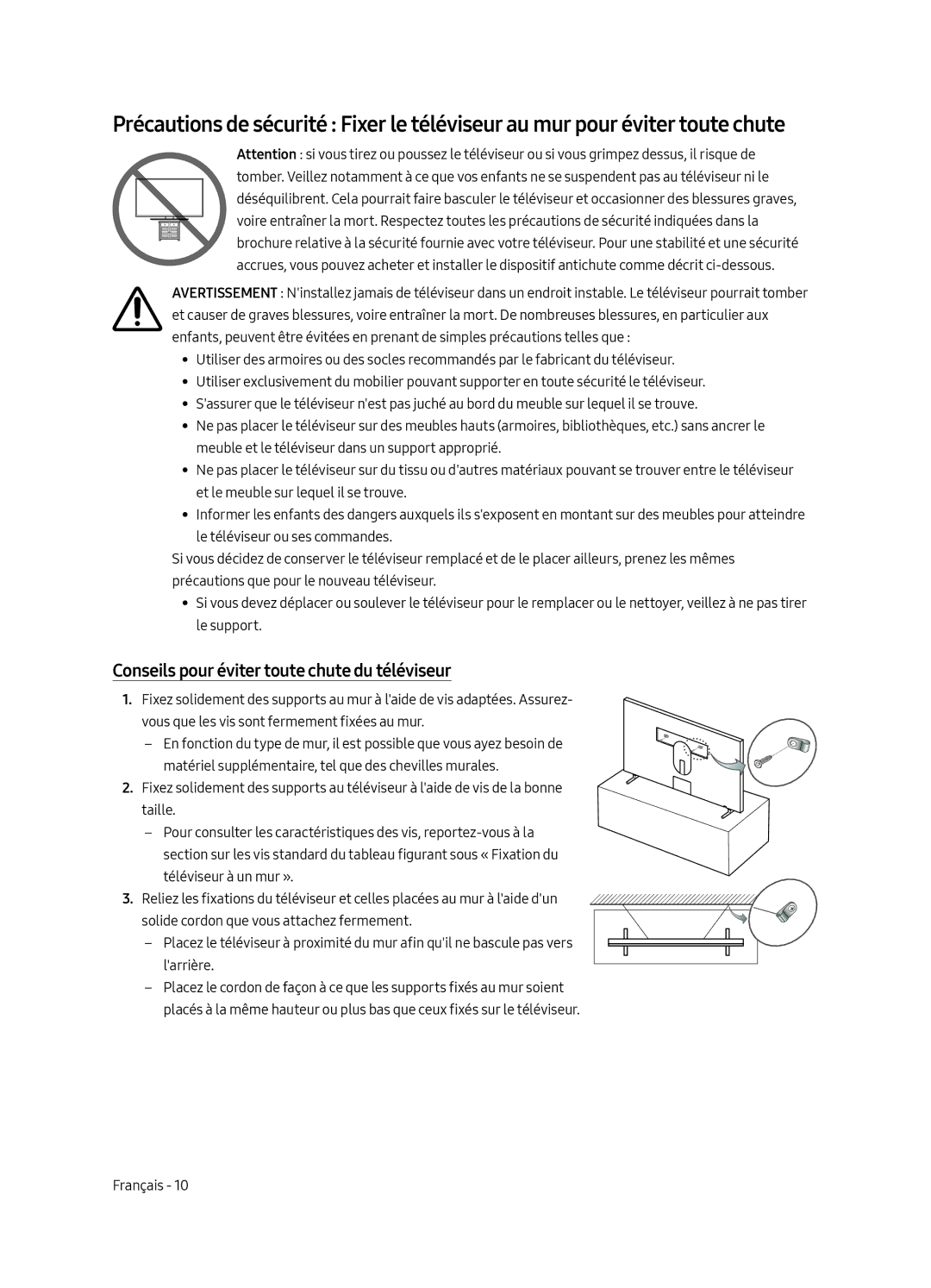 Samsung UE43LS003AUXZT, UE43LS003AUXZG, UE43LS003AUXXC, UE43LS003AUXXU manual Conseils pour éviter toute chute du téléviseur 