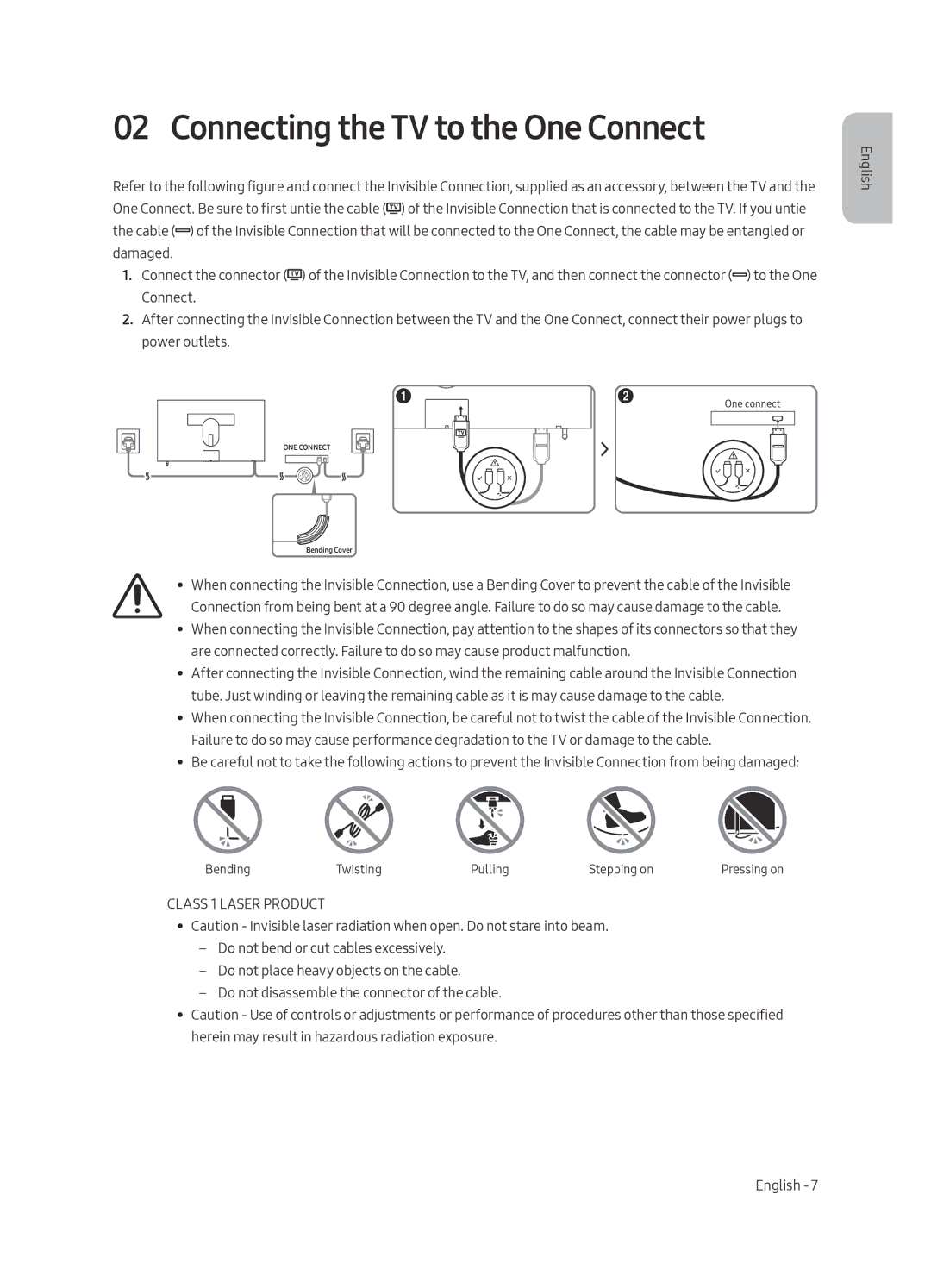 Samsung UE43LS003AUXXU, UE43LS003AUXZG, UE43LS003AUXXC manual Connecting the TV to the One Connect, Class 1 Laser Product 