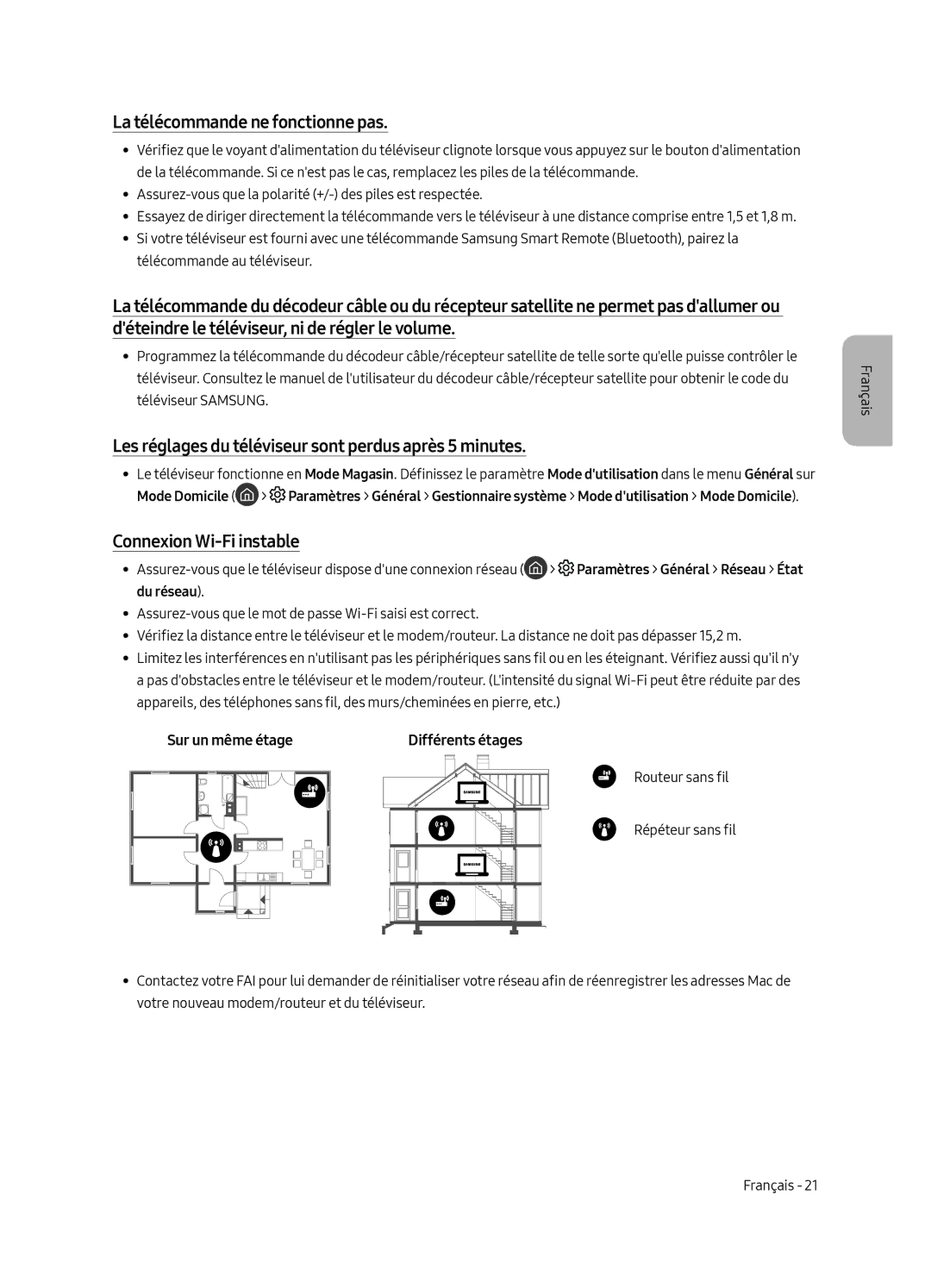 Samsung UE43LS003AUXXC manual La télécommande ne fonctionne pas, Les réglages du téléviseur sont perdus après 5 minutes 