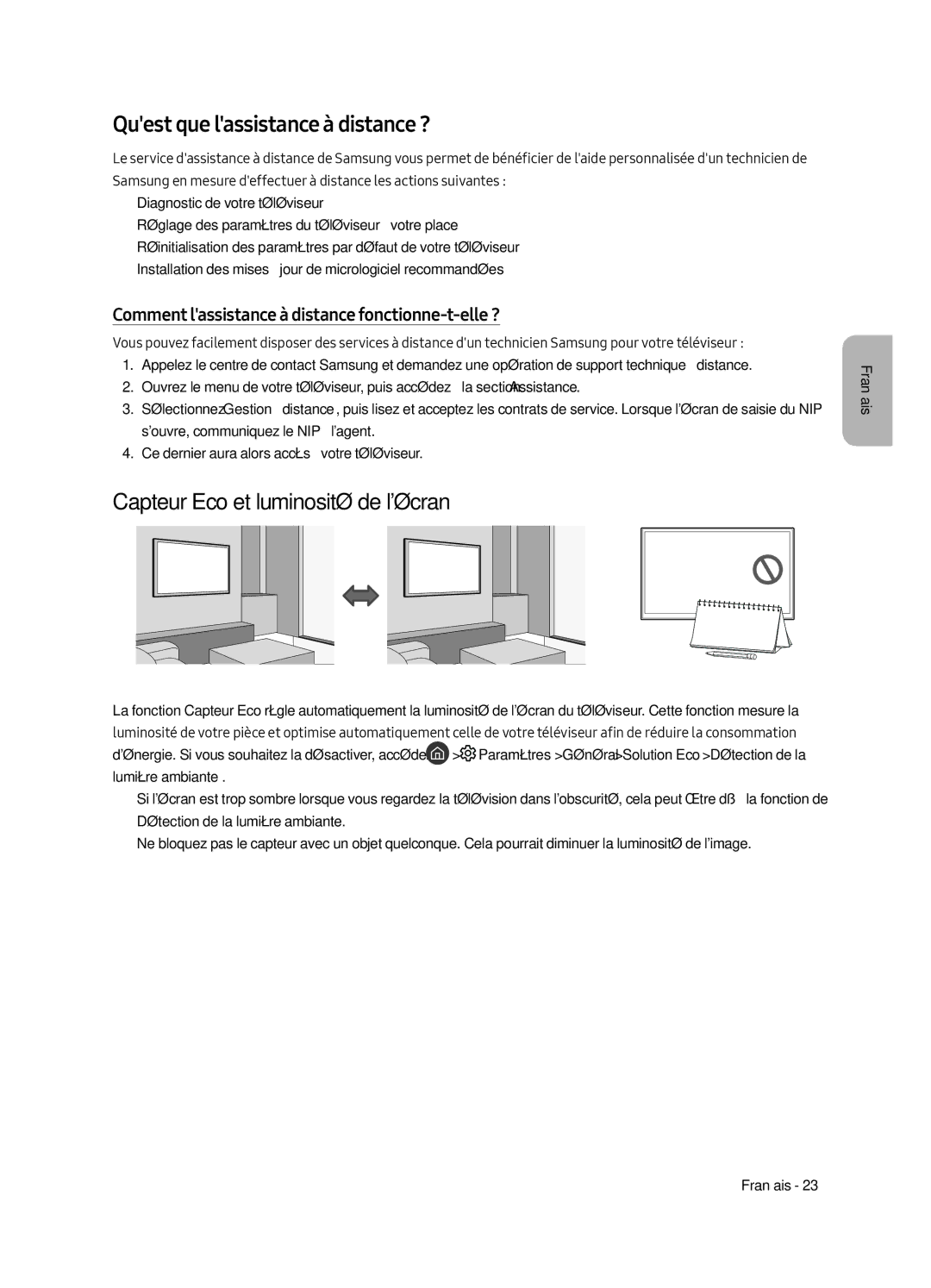 Samsung UE43LS003AUXXU, UE43LS003AUXZG manual Quest que lassistance à distance ?, Capteur Eco et luminosité de lécran 