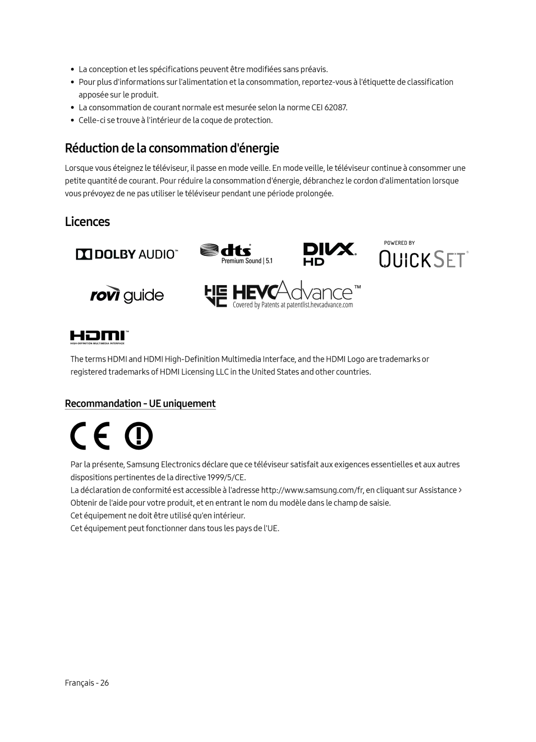 Samsung UE43LS003AUXZT, UE43LS003AUXZG, UE43LS003AUXXC Réduction de la consommation dénergie, Recommandation UE uniquement 