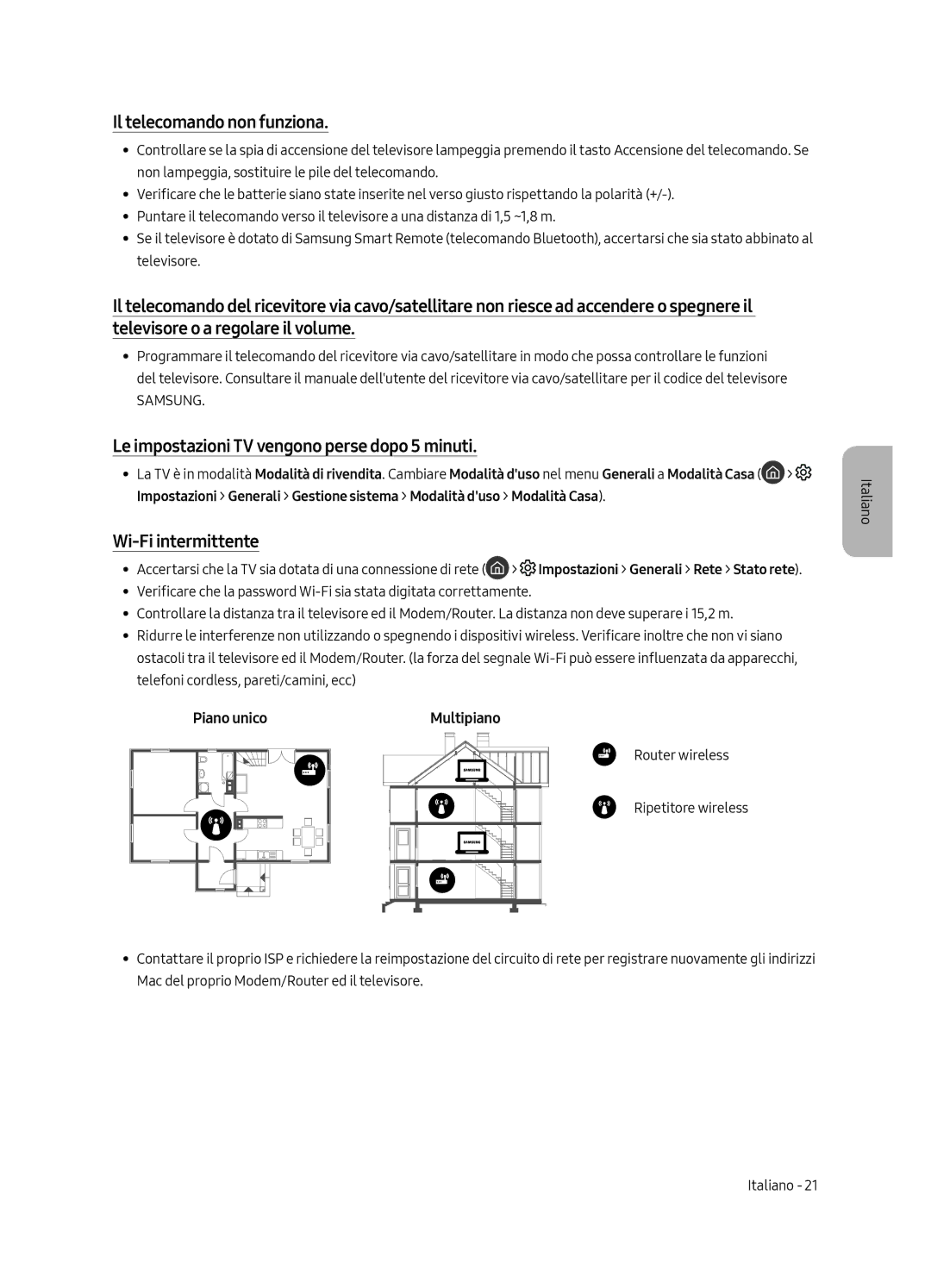 Samsung UE43LS003AUXXU Il telecomando non funziona, Le impostazioni TV vengono perse dopo 5 minuti, Wi-Fi intermittente 