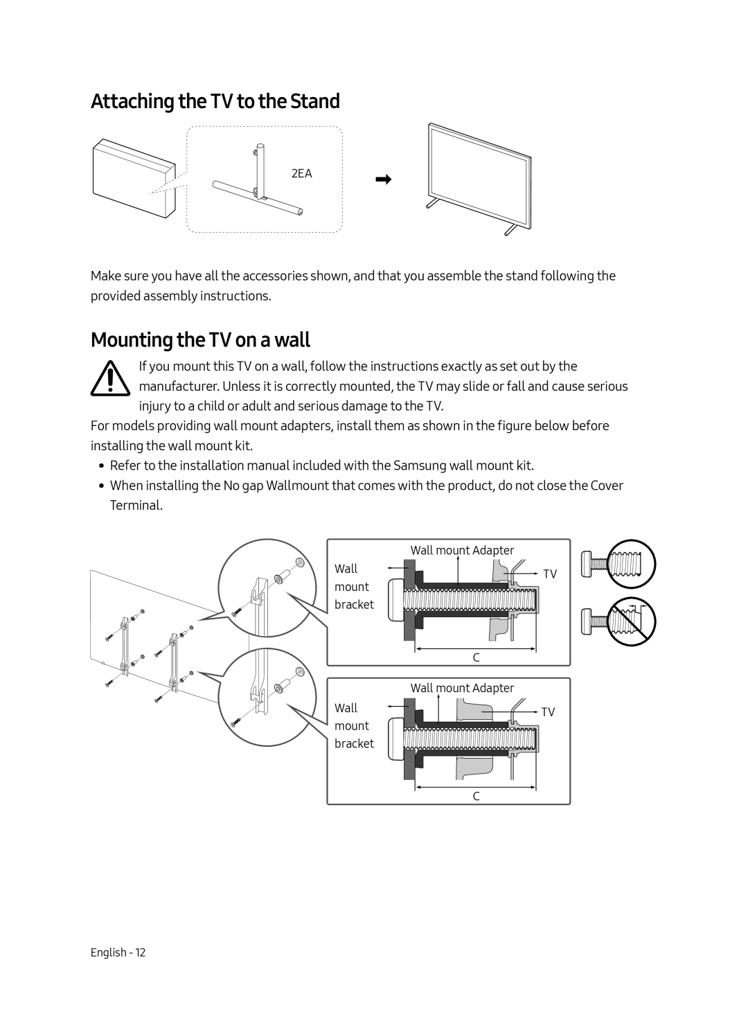 Samsung UE43LS003AUXZG, UE43LS003AUXXC, UE43LS003AUXZT manual Attaching the TV to the Stand, Mounting the TV on a wall 