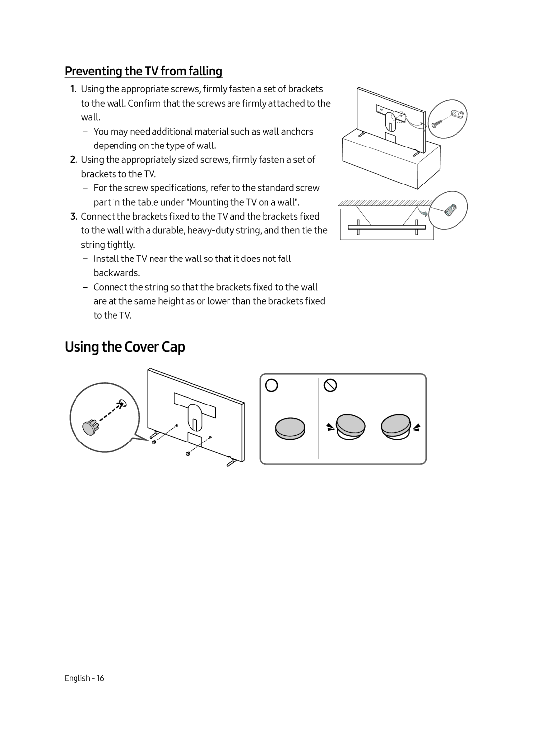 Samsung UE43LS003AUXZG, UE43LS003AUXXC, UE43LS003AUXZT, UE43LS003AUXXU Using the Cover Cap, Preventing the TV from falling 