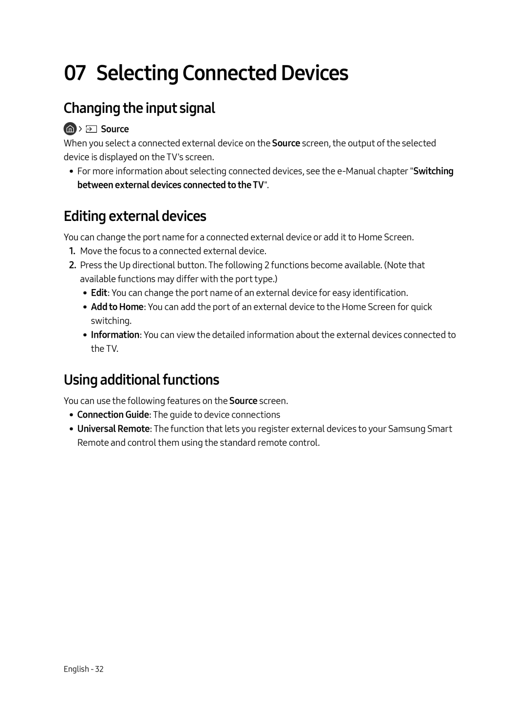 Samsung UE43LS003AUXZG manual Selecting Connected Devices, Changing the input signal, Editing external devices, SSource 